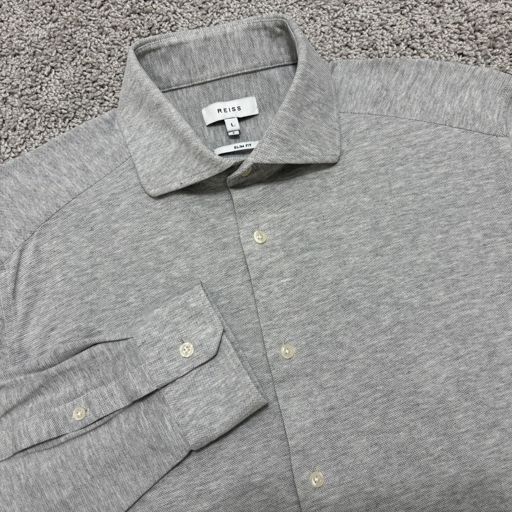 REISS Shirt GALE Button Up Long Sleeve Slim Light Gray Stretch Comfy Mens Large